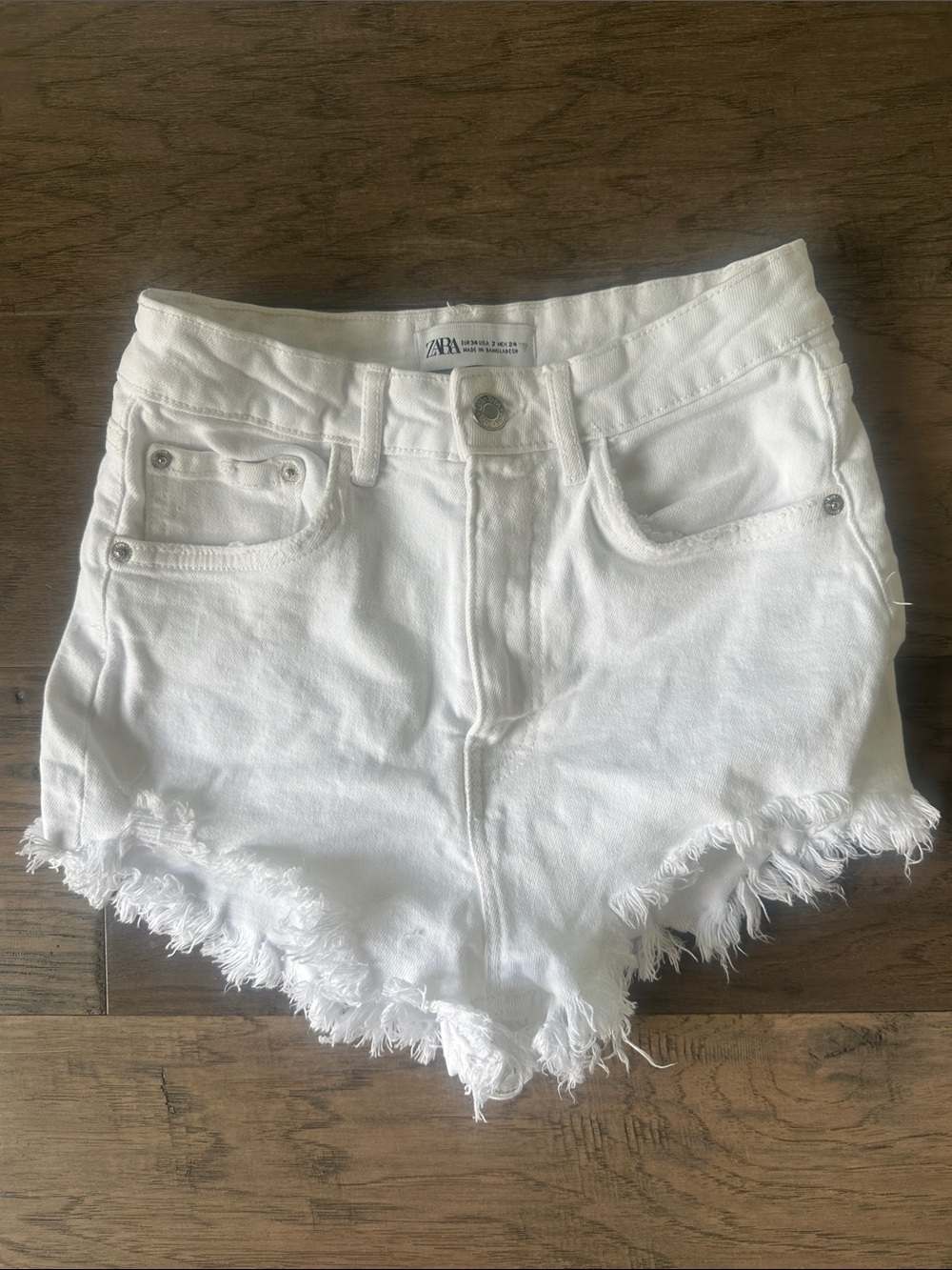 Zara White Distressed High-Rise Denim Shorts